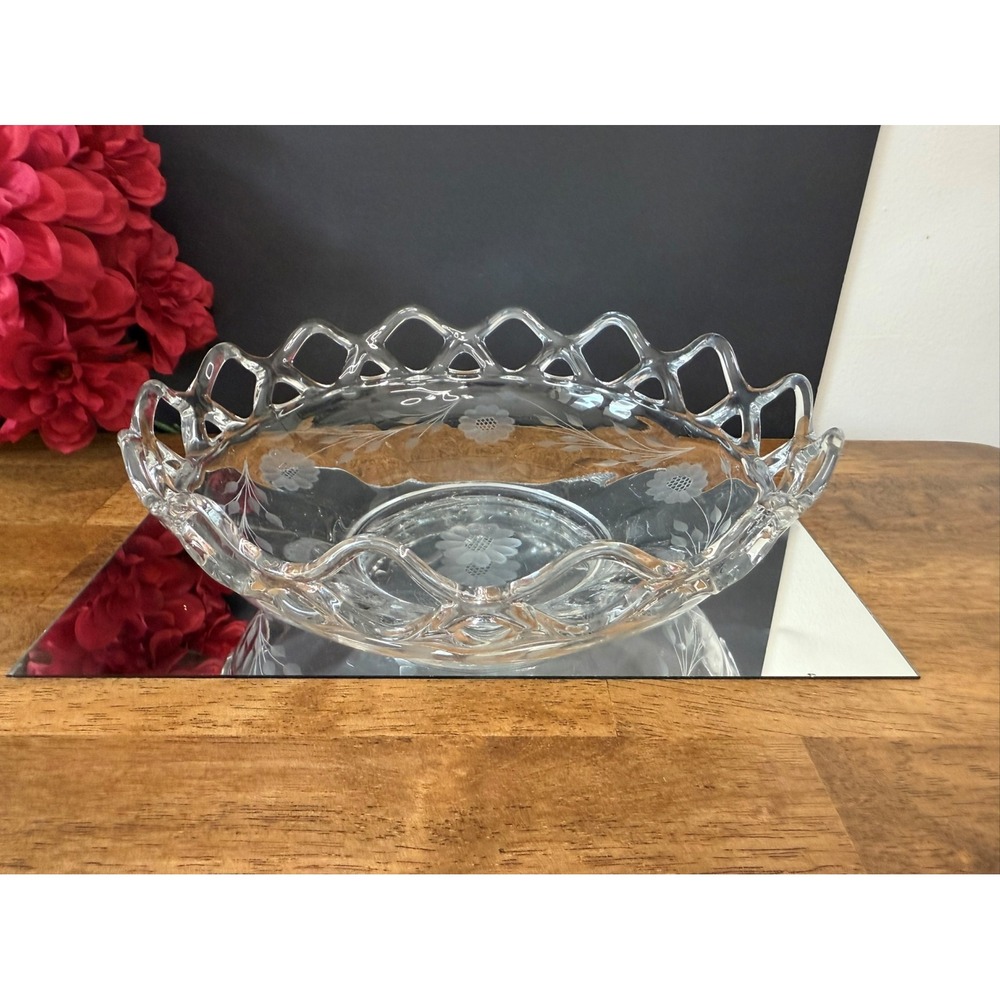 Vintage Clear Glass Lace Edge Etched Floral Bowl Likely W.J. Hughes